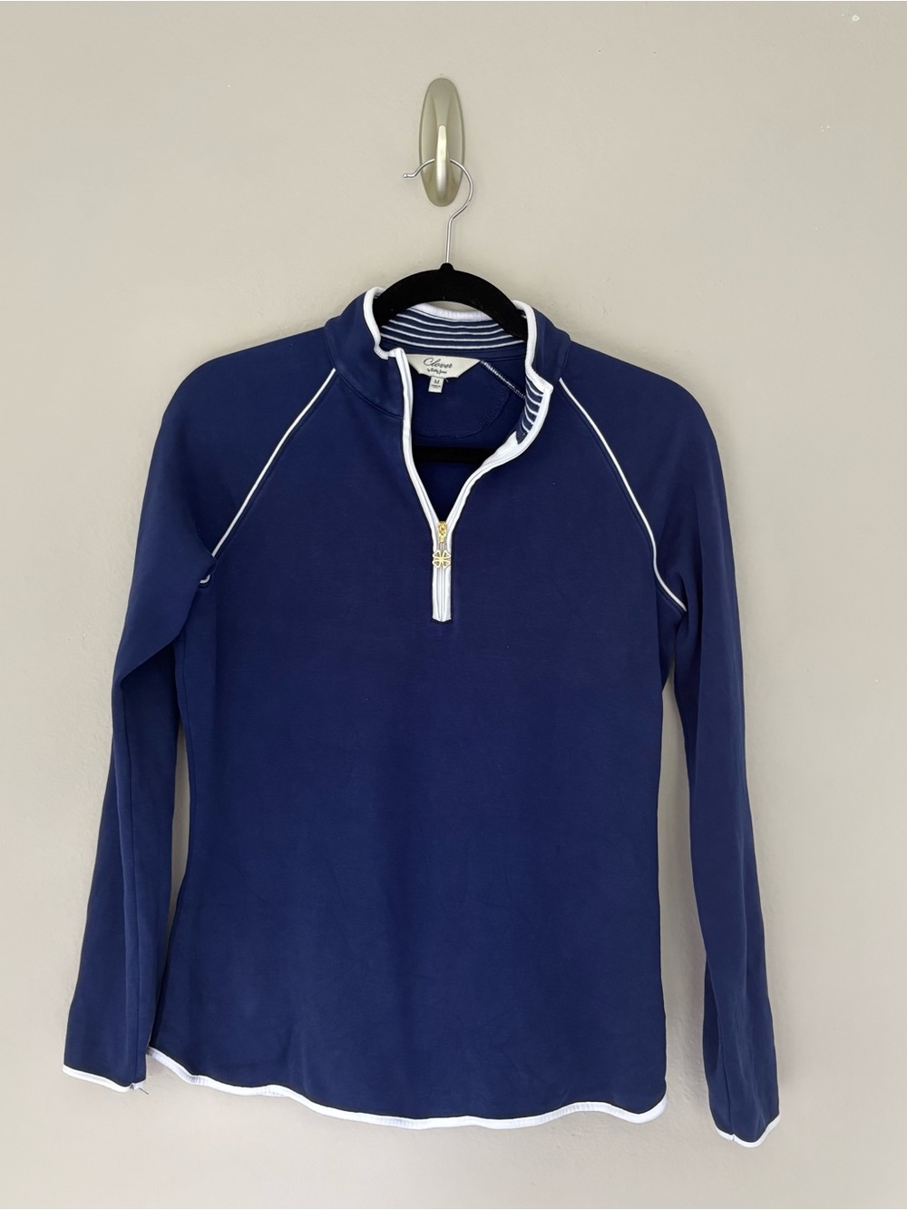 Clover by Bobby Jones Quarter Zip Pullover Navy White Trim Gold Clover Size M - Picture 12 of 13